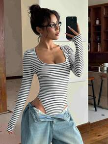 SHEIN EZwear Women Striped Boxy Collar Long Sleeve Casual T-Shirt Bodysuit, Autumn - Black and White - View 3