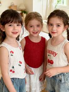 3pcs Young Girl Ribbed Cherry Print Curved Hem Fashion Top Set Cute Kids Tops Cherry Print Top Red Ribbed Top - Multicolor - View 3