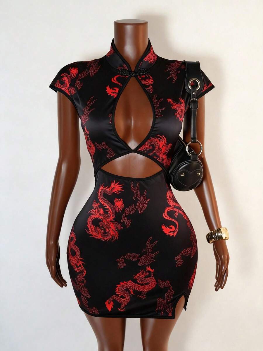 Sunspun 大码夏季镂空旗袍领开衩修身迷你连衣裙 - 彩色 - 查看 1