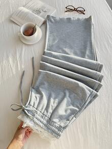 Comfortcana Plus Size Women Drawstring Waist Summer Contrast Lace Pants - Grey - View 6