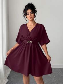 Elenzga Váy dạ hội ngắn màu đỏ cổ chữ V thanh lịch, eo cao, phong cách giản dị và tối giản cho mùa hè - Màu đỏ tím - Xem 7