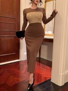 DAZY Vestido de suéter de punto con bloque de color y lentejuelas elegante para mujer, otoño/invierno - Marrón - Ver 3