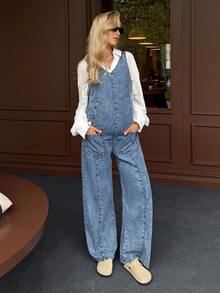 SHEIN 孕妇时尚V领宽肩带休闲口袋直筒牛仔连体裤 蓝色 冬季春季圣诞节新年感恩节通勤度假毕业时尚Y2K可爱街头风派对婚礼优雅商务休闲女式透气亲肤牛仔背带裤宽松阔腿连体裤带可调节肩带孕妇牛仔连体裤 - 藍色 - 查看 8