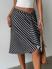 Aloruh 女士时尚优雅黄色条纹不对称超低腰斜条纹及膝修身喇叭裙，适合度假和日常穿着 - 黑與白 - 查看 7