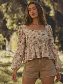 WESTFADE Áo babydoll cổ tròn thêu họa tiết kẻ caro, cài cúc phía trước, xếp ly, thích hợp cho mùa thu, đông, phong cách thường ngày, dễ thương, kiểu miền Tây, boho, Giáng sinh, năm mới, lễ hội. - Màu Khaki - Xem 4