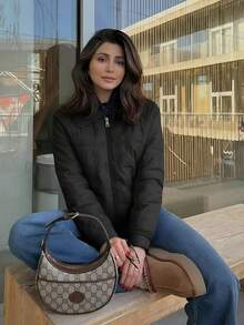 Chaqueta de mujer casual acolchada holgada con cuello camisero manga larga otoño invierno para oficina - Negro - Ver 2
