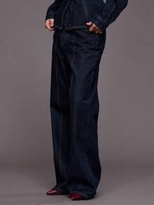 MUSERA 阔腿双缝线前片深色水洗牛仔裤（仅裤子）秋冬夜间外出街头风可爱返校性感未剪裁时尚 - 藍色 - 查看 3