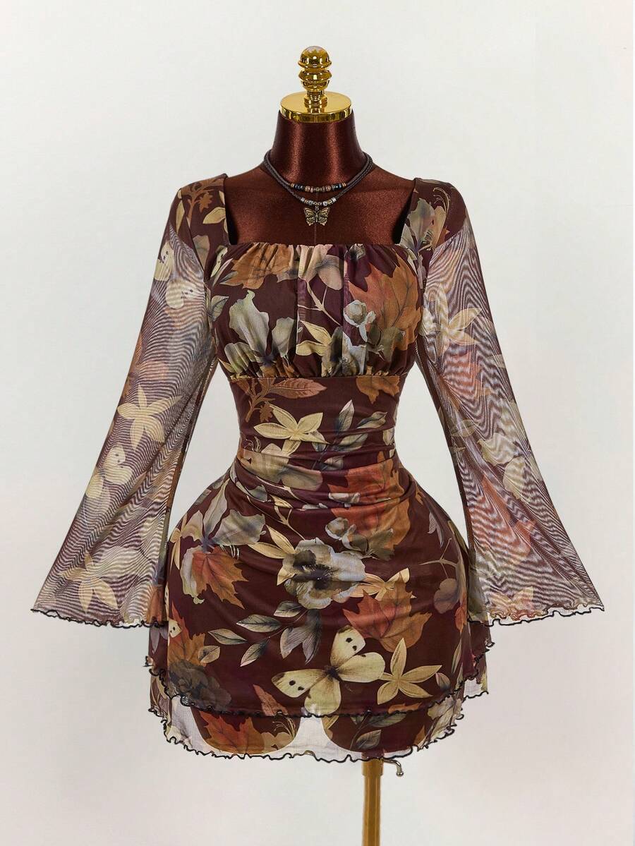 Amplova Vestido de manga acampanada con estampado vintage de flores, mariposas y hojas para tallas grandes - Marrón - Ver 1