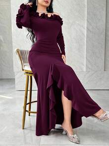 Modelyn 女士纯色荷叶边不对称领长袖鱼尾修身优雅连衣裙 - 紫色 - 查看 4