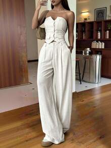 SHEIN EZwear Bộ hai mảnh áo ống màu trơn đơn giản và quần dài dành cho nữ - Màu be - Xem 7
