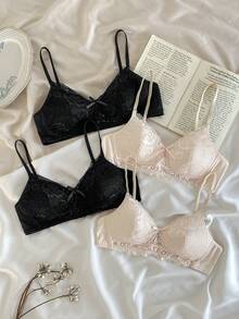 Teen Girls Bras And Bralettes-Pack Of 4 Wireless Lace Bralette Soft Cup Adjustable Straps Removable Padding Light Support Everyday Comfort Seamless Invisible Underwear Set Black Nude Elegant Floral Design Youthful Gift Holiday 2026 Versatile Layering Roundneck Longsleeve Skirt Lingerie Cute Bra Set - Multicolor - View 1