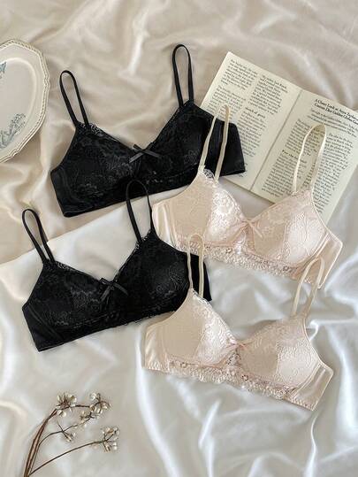 Tonårsflickor-BH:ar och braletter - 4-pack, bygelfria spetsbraletter, mjuka kupor, justerbara axelband, avtagbar vaddering, lätt stöd, vardagskomfort, sömlösa, osynliga underklädesset, svart, naken, elegant, blommig design, ungdomlig present, högtid 2026, mångsidig, lager-på-lager, rundringad, långärmad kjol