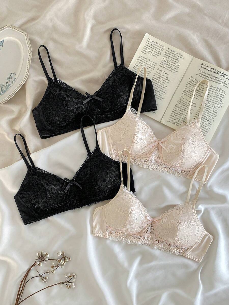 Teen Girls Bras And Bralettes-Pack Of 4 Wireless Lace Bralette Soft Cup Adjustable Straps Removable Padding Light Support Everyday Comfort Seamless Invisible Underwear Set Black Nude Elegant Floral Design Youthful Gift Holiday 2026 Versatile Layering Roundneck Longsleeve Skirt Lingerie Cute Bra Set - Multicolor - View 1