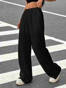 Muchica 女式抽绳直筒休闲皱褶宽松长裤 - 黑色 - 查看 5