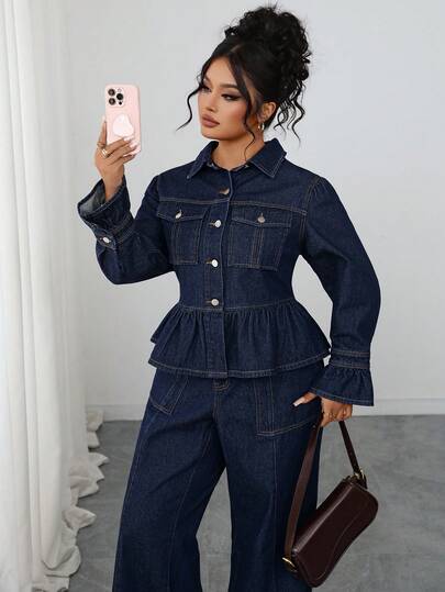 Elenzga Plus Size Women's Elegant & Comfortable Dark Blue Denim Jacket, Autumn/Winter