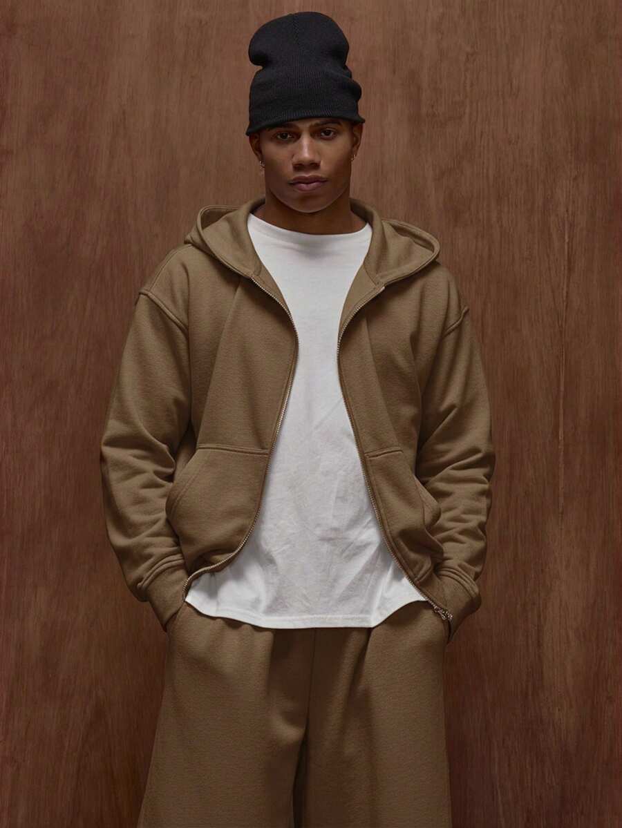 Musero Oversized Premium Boxy Double Pocket Jersey Double Zip Through Hooded Jacket Fall/SPRING SUMMER - Brown - View 1