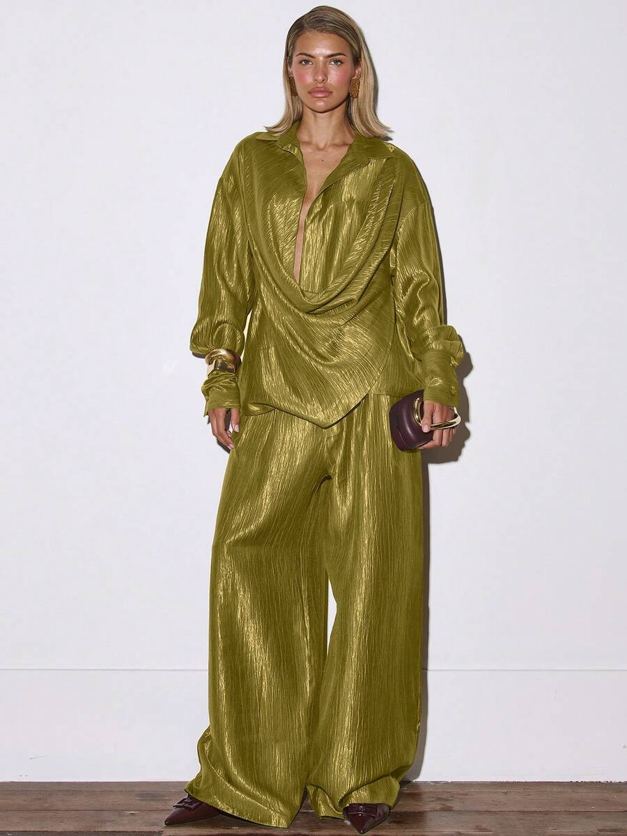 MUSERA Quần ống rộng xếp ly, kiểu dáng suông, thích hợp mặc đi chơi tối, dự tiệc, gợi cảm, thanh lịch, dễ thương, phong cách mùa hè, thường ngày. - Màu xanh Ô liu - Xem 1