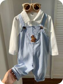 SHEIN Baby Boy Casual Cute Versatile Striped Cartoon Bear Pattern Bib Jumpsuit Baby Boy Overall Set