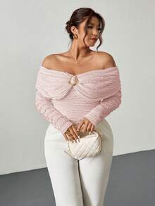 Firerie Plus Size Women Off-Shoulder Ruched Fitted Metallic Decor Textured Long Sleeve T-Shirt,Elegant,Dusty Pink,Autumn,Wedding Ninang Casual Spring Top - Pink - View 4