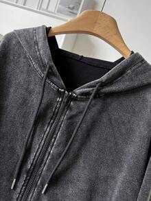 CosyJoli 大码女式前开拉链设计水洗面料长袖连帽衫，百搭黑色休闲套头衫，带口袋 - 黑色 - 查看 3