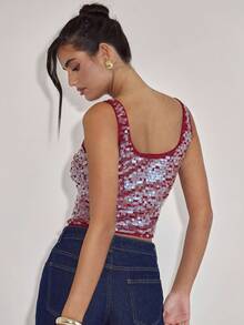 SHEIN BAE Women's New Year's Party Rave Party Sequined Square Neck Top / Party Top / Club / Evening Top / Red Top/Sequin Top/Glitter Top/New Year/Women's New Year's Eve Top,Tank Top - Burgundy - View 2