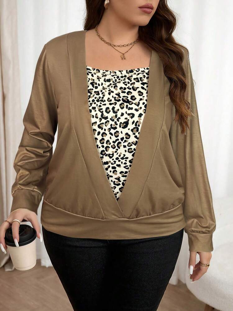 Sudadera de cuello redondo con estampado de leopardo para mujer de talla grande, ropa de otoño y primavera para tallas grandes