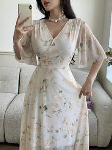 Feyla 优雅碎花V领收腰女士长连衣裙 - 彩色 - 查看 4