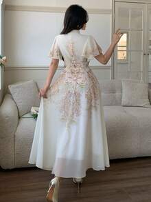Modelyn 女士系带腰部褶皱印花喇叭连衣裙 - 綠色 - 查看 2