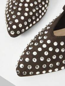 Mnmlis Femmes Mode Navetteur Décoration Strass Bout Pointu Boucle Réglable Ballerines - Marron - Voir 4