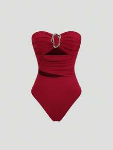 Sweetra Women's Sexy Halter Backless Bodysuit With Metal Buckle, Wine Red, Spring/Summer, Valentine's Day Outfit , - Burgundy - View 1