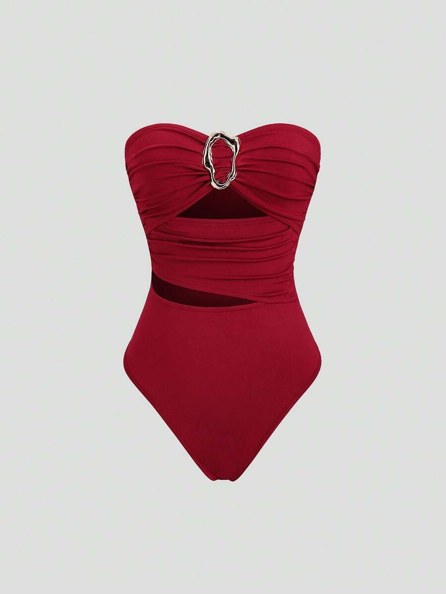 Sweetra Women's Sexy Halter Backless Bodysuit With Metal Buckle, Wine Red, Spring/Summer, Valentine's Day Outfit , - Burgundy - View 1