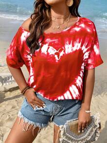 SHEIN LUNE Damen Große Größen T-Shirt mit Herz Batik-Muster und schräger Schulter - Pink - Übersicht 4