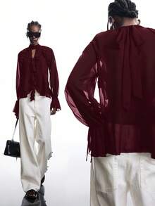LYSMO Women's Solid Color Keyhole Neck Flare Sleeve Ruffle Trim Fashion Blouse - Burgundy - View 2