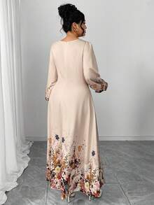 Modelyn Plus Size Elegant Floral Print Dress - Apricot - View 2
