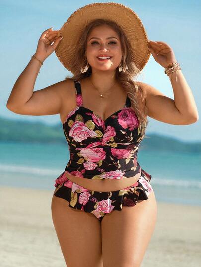 Swim Lushoire Plus Size Women Rose Print Halter Tankini Top + Swim Bottoms, Elegant Holiday Swimsuit, Plus Size Halter Bikini