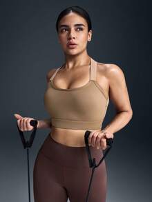 Powerista Women's Contrast Color Backless Racerback Sports Bra For Daily Workout - Brown - View 2