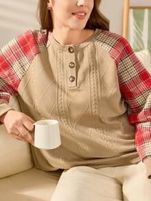 Momelise Plus Size Jacquard Plaid Patchwork Crew Neck Pullover Loose Casual Sweatshirt For Women - Khaki - View 6