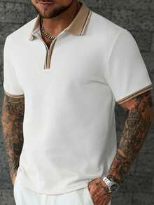 Manfinity CasualCool Men's Casual Contrast Collar Short Sleeve Polo Shirt, Summer - White - View 4