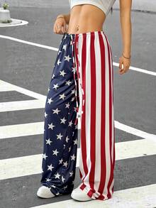 Muchica Women 4th Of July Contrast Color Striped Star Flag Print Pants - Multicolor - View 3