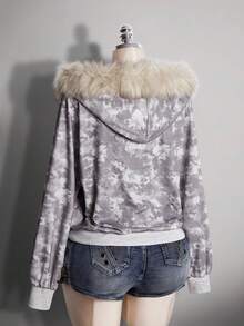 SHEIN ICON Áo nỉ rộng cổ lông họa tiết rằn ri cỡ lớn cho nữ - Xám - Xem 14