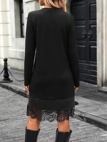 SHEIN LUNE Damklänning med långärmad spetskant och avslappnad passform - Svart - Visa 2