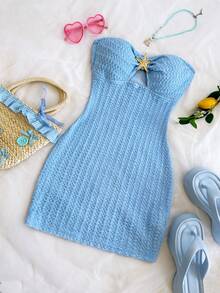 Soleia 女式度假白色针织纹理露肩胸前镂空褶饰金属海星装饰紧身迷你连衣裙，性感派对约会海滩度假夏装 - 藍色 - 查看 5