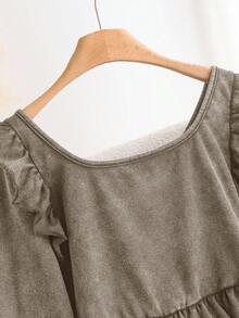 CosyJoli Plus Size Casual Lantern Sleeve Square Neck Ruffle Trim T-Shirt, Long Sleeve Versatile Everyday Wear Winter For Women - Brown - View 5
