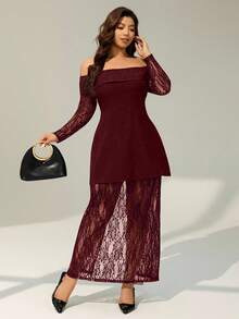 Auralis Plus Size Off Shoulder Solid Color Lace Patchwork Dress - Burgundy - View 4