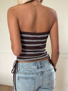 SHEIN EZwear 女士休闲条纹侧抽绳抹胸上衣 - 棕色 - 查看 2