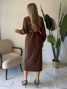 Vivie Lora Women's Lapel Collar Cinched Waist Mid-Length Dress - Purple - View 7