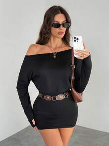 SHEIN Tall Vestido corto de manga larga y unicolor sexy y de moda para mujer - Negro - Ver 4
