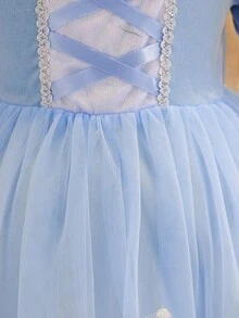 Glamorique Kids Baby Girl Elegant Blue White Summer Birthday Princess Dress Charming Velvet Puff Short Sleeve Double-Layer Mesh Embroidered Floral Trim Snug Fit - Blue - View 4