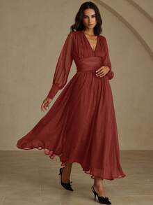 Revavyn Đầm tay dài xòe cổ chữ V bằng vải satin phong cách Âu Mỹ thời trang đa năng, đi làm, thu đông - Hồng - Xem 5