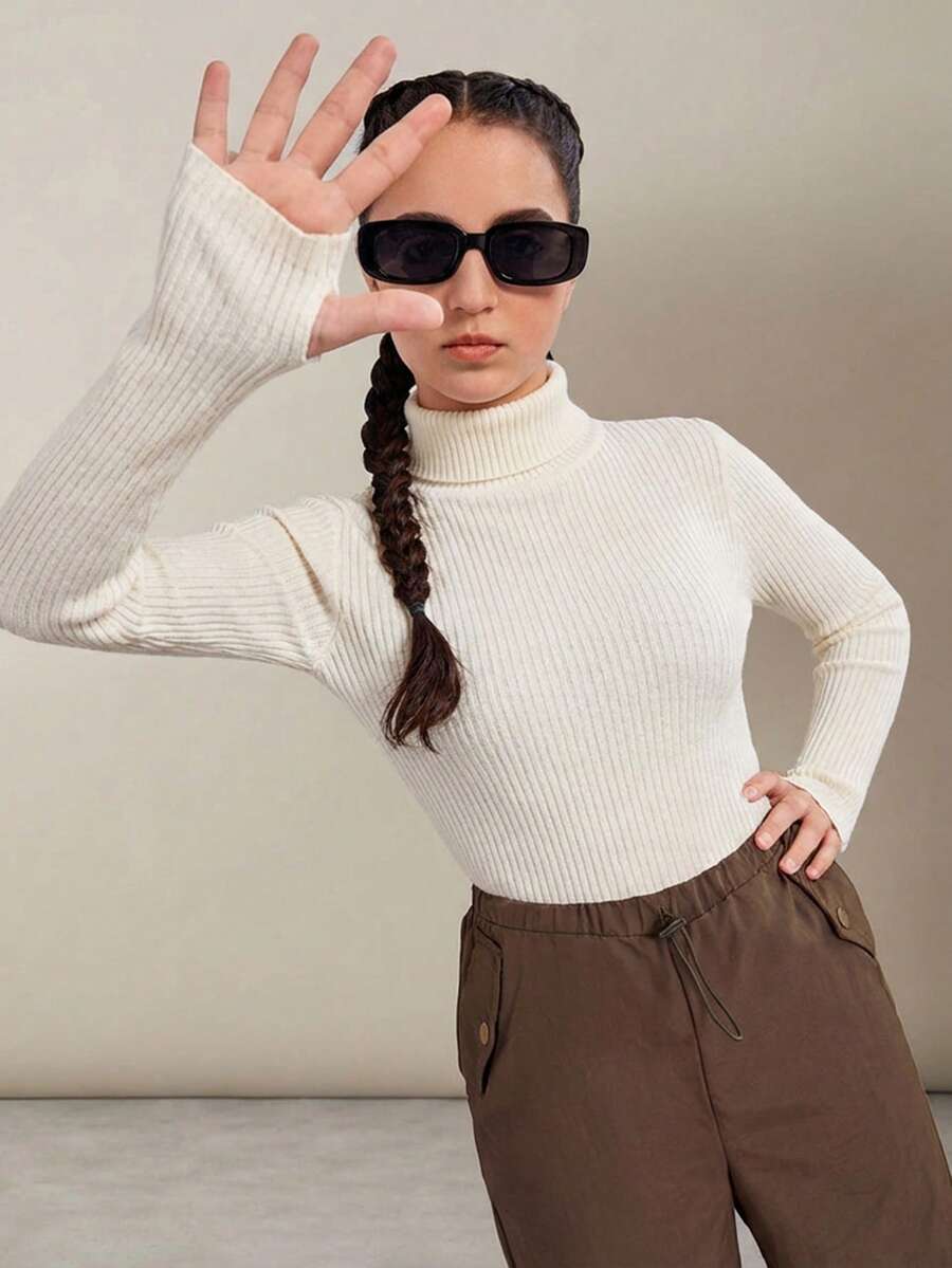 SHEIN Camiseta de manga larga con cuello alto, puños y dobladillo acanalados y suaves de unicolor para adolescentes